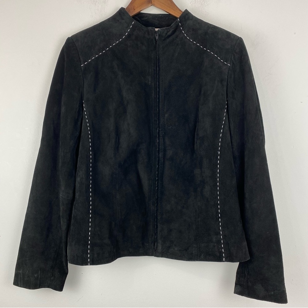 Vintage Yvonne Marie size 10 Women’s Black Suede White Stitch Full Zip Jacket